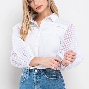 Ces Femme Plaid Mesh Sleeve Shirt White Top